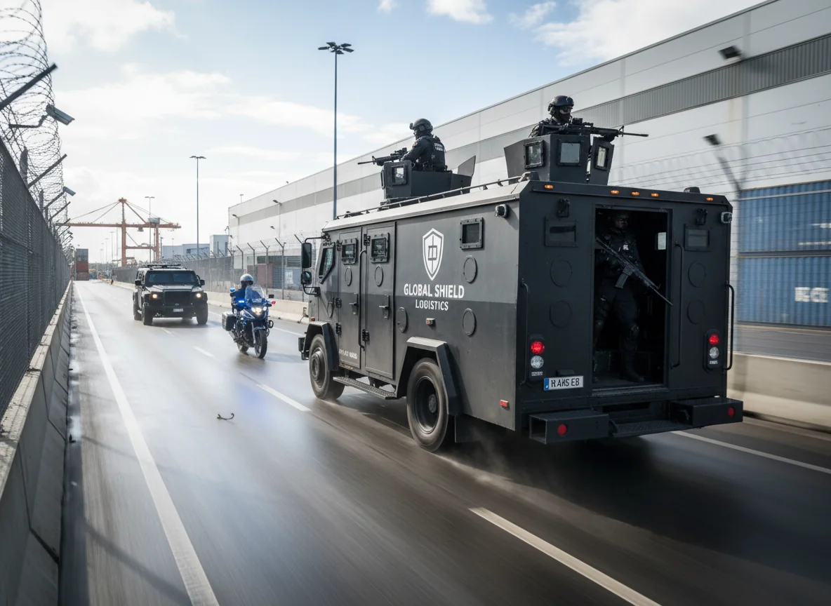 Armoured transport vehicle with security escort