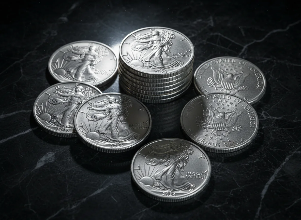 Stacked Silver Eagle bullion coins