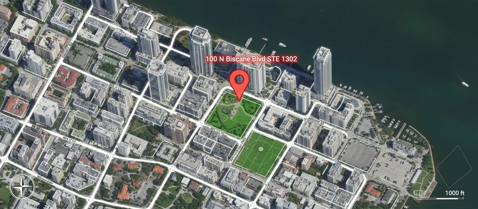 Map showing Hunter Hex Capital at 100 N. Biscayne Blvd, Suite 1302, Miami, FL 33132