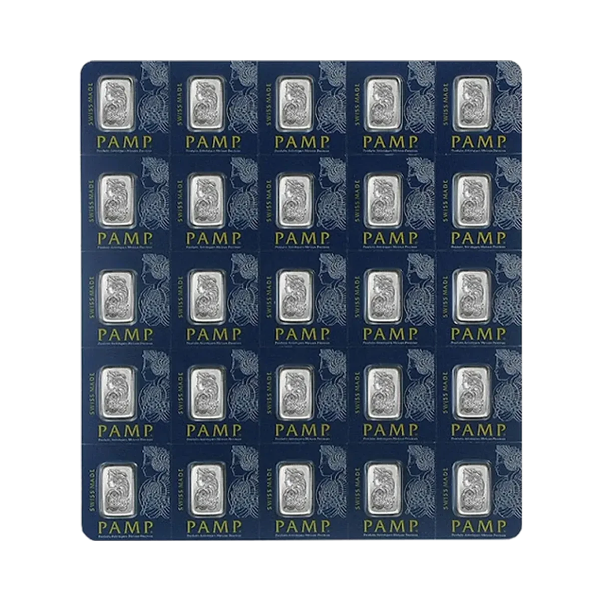 Sheet of twenty-five detachable one gram platinum bars