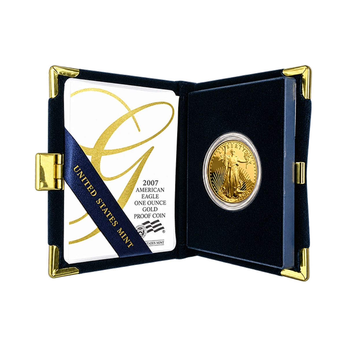 One troy ounce Proof Gold American Eagle coin with its presentation box and certificate