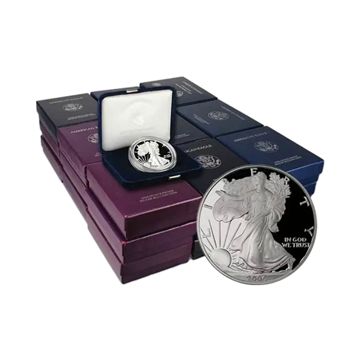 One troy ounce Proof Silver American Eagle coin with its presentation box and certificate
