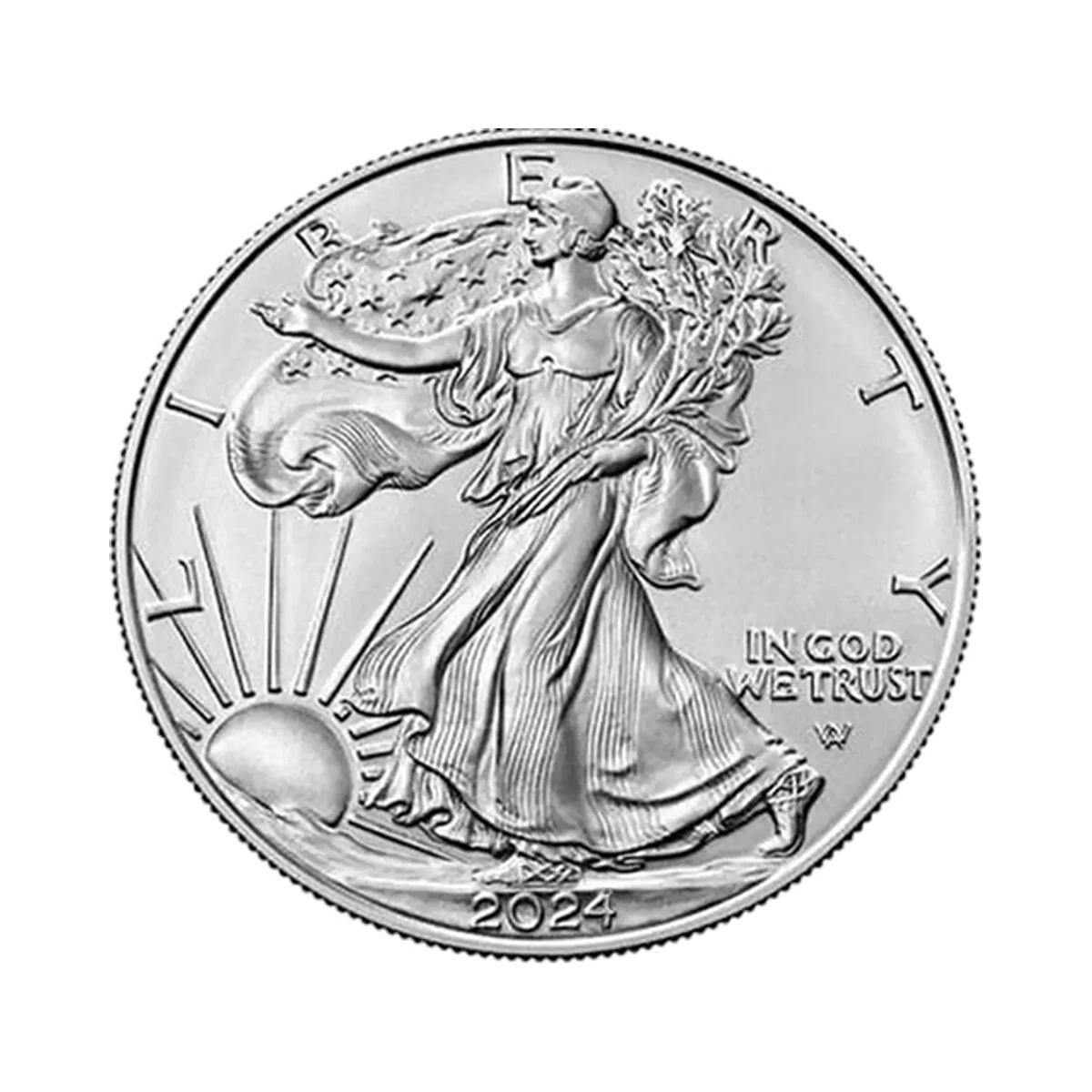 Silver American Eagle coin showing the Walking Liberty obverse